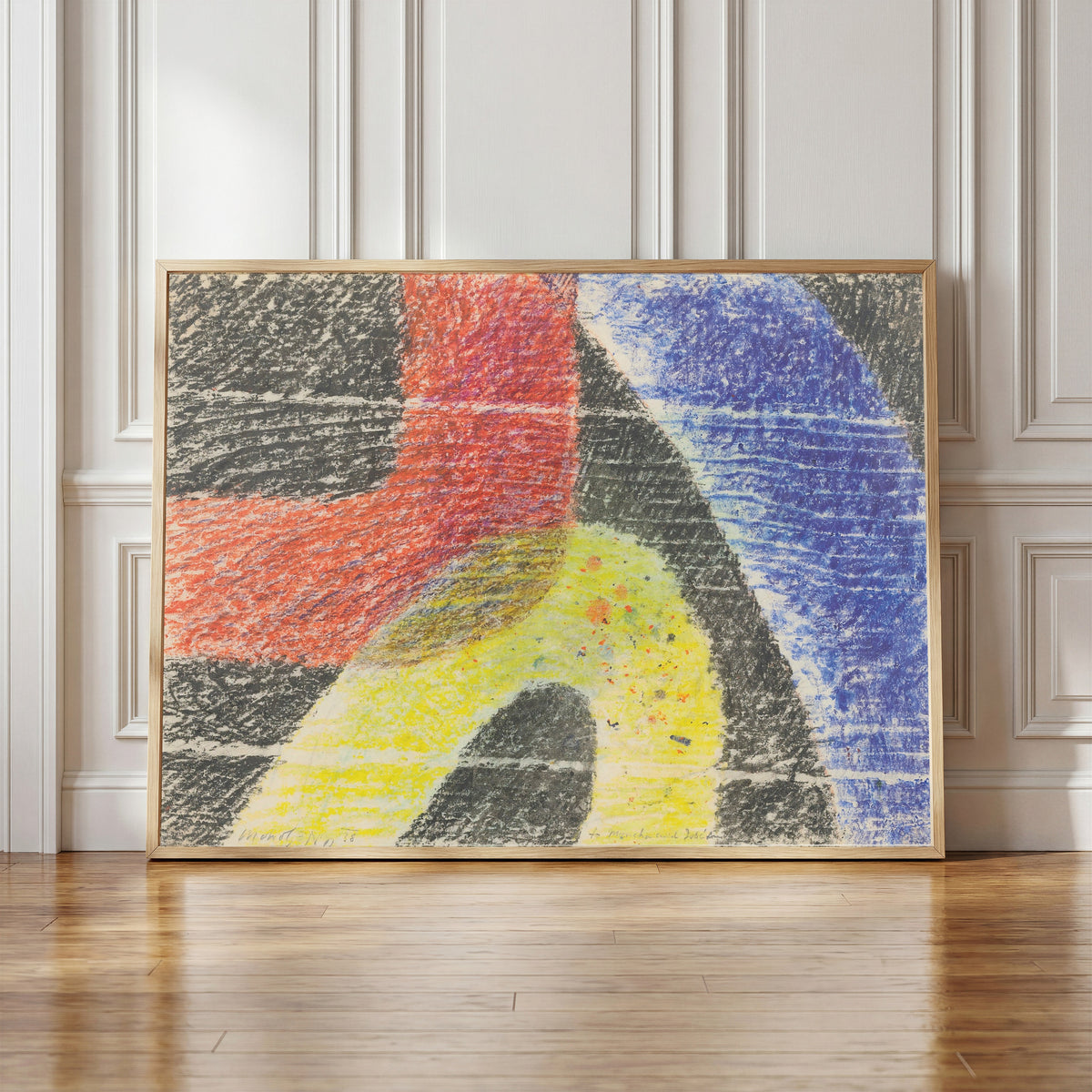 Framed art print of Untitled by László Moholy-Nagy, in a light wood frame leaning against a panelled white wall
