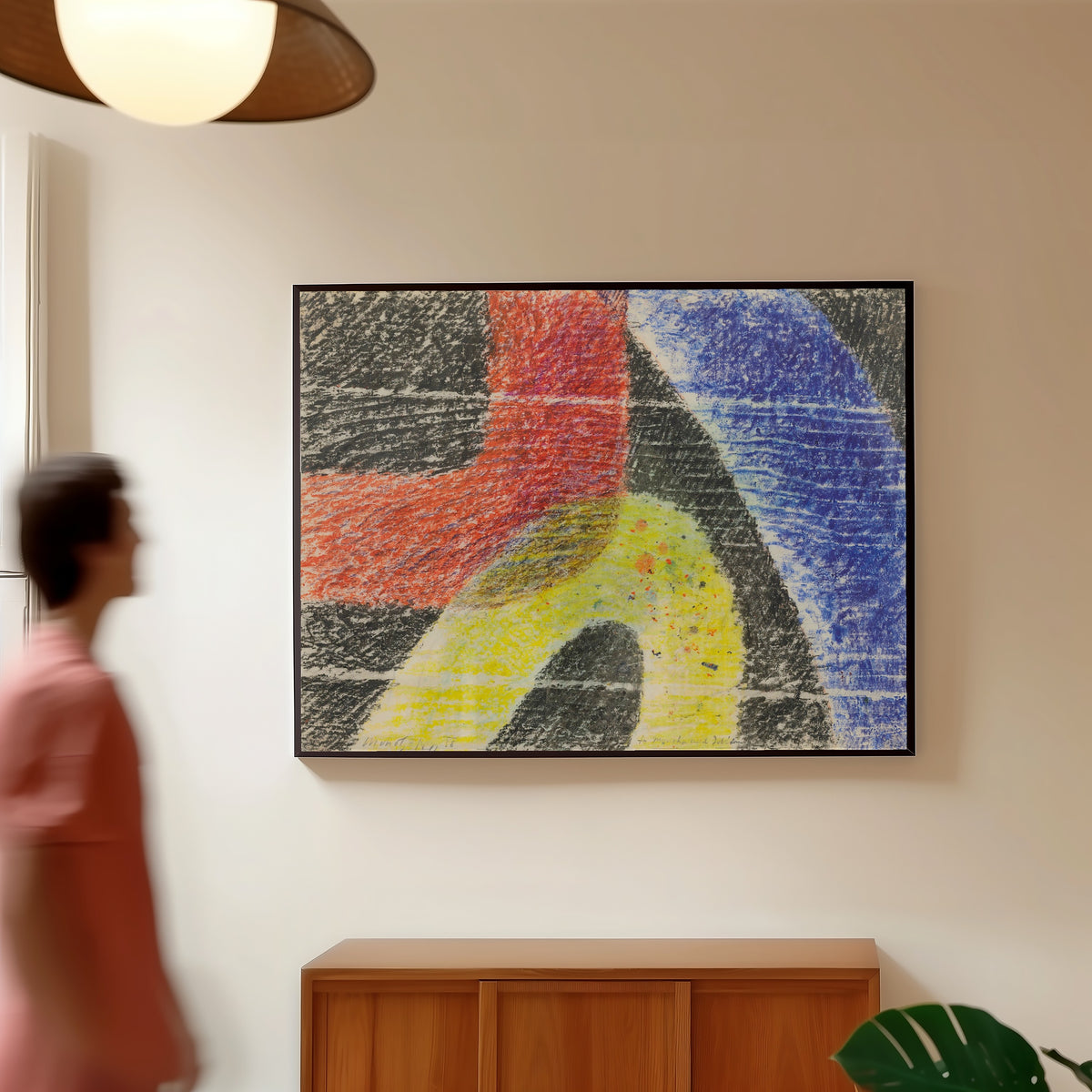 Framed art print of Untitled by László Moholy-Nagy, in a slim black frame on a warm wall in a sunlit room