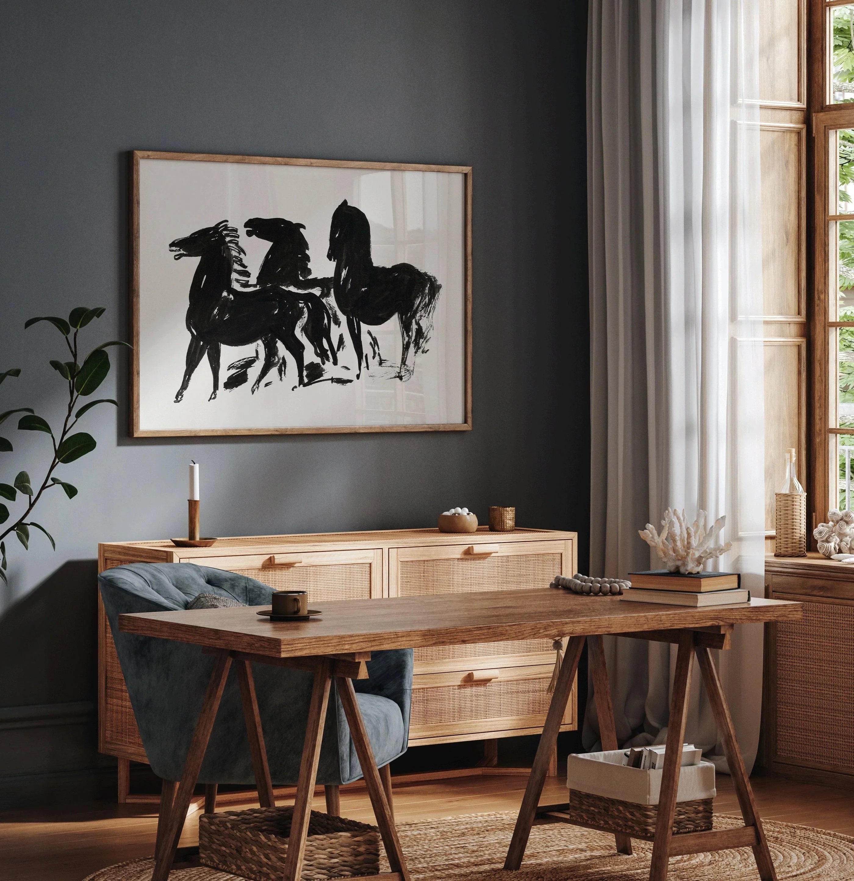 Leo Gestel - Three Black Horses | Vintage Neutral Sketch Art (available handframed or unframed) - 9ArtPrints