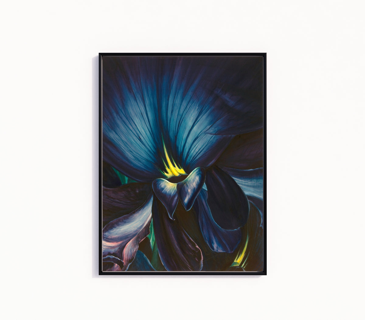 Framed art print of Chinese Delphinium by Leon Carrol, in a slim black frame on a plain white wall