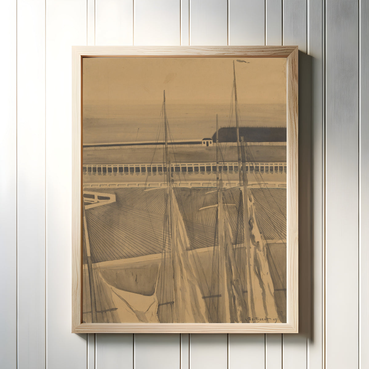 Framed art print of De haven te Oostende by Léon Spilliaert, in a light wood frame on a white panelled wall