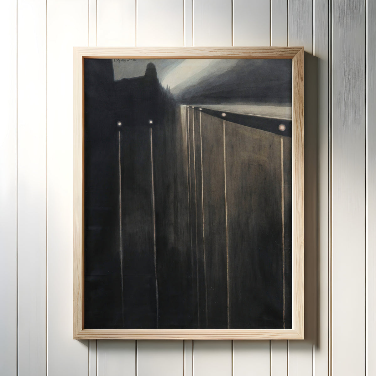 Framed art print of Digue d'Ostende aux réverbères by Léon Spilliaert, in a light wood frame on a white panelled wall