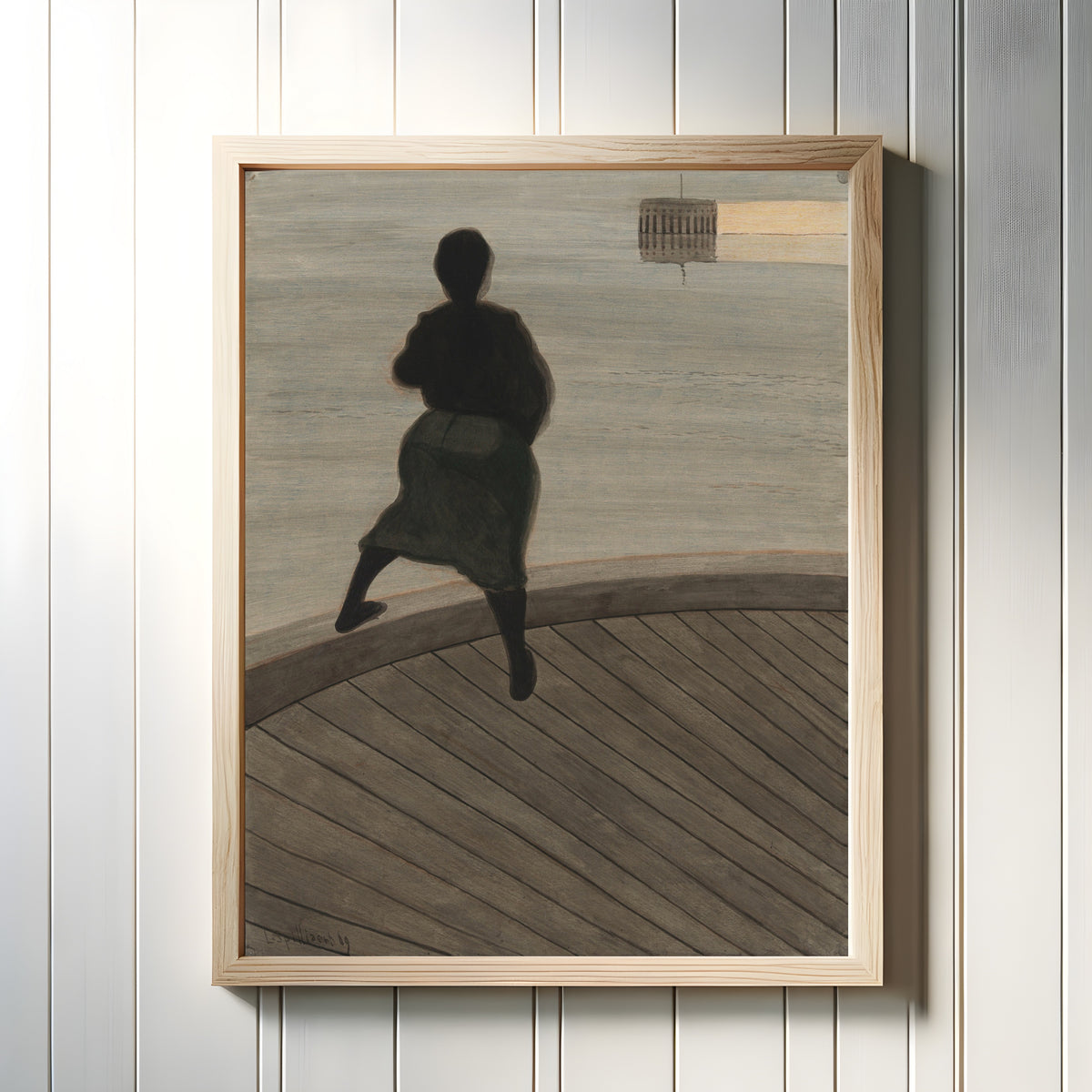 Framed art print of Femme de pêcheur sur le ponton by Léon Spilliaert, in a light wood frame on a white panelled wall