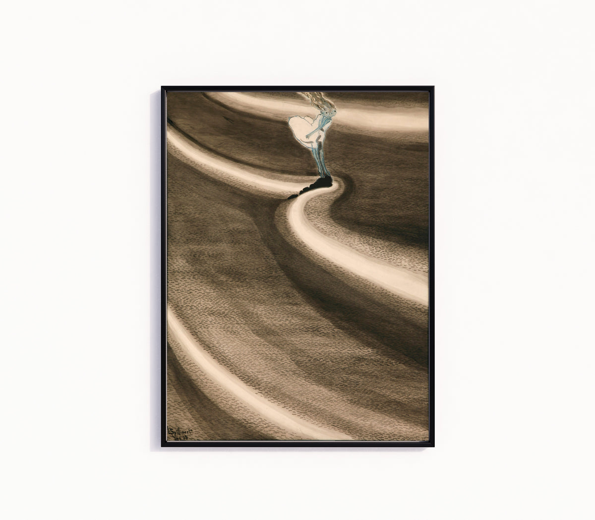 Framed art print of Fillettes devant la vague by Léon Spilliaert, in a slim black frame on a plain white wall
