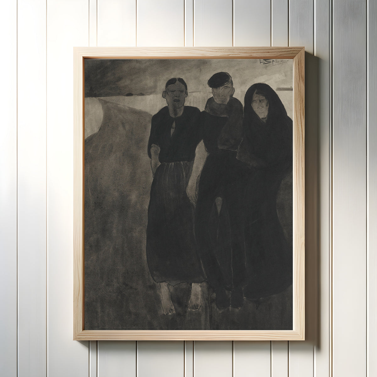 Framed art print of Fishermen and Women by Léon Spilliaert, in a light wood frame on a white panelled wall