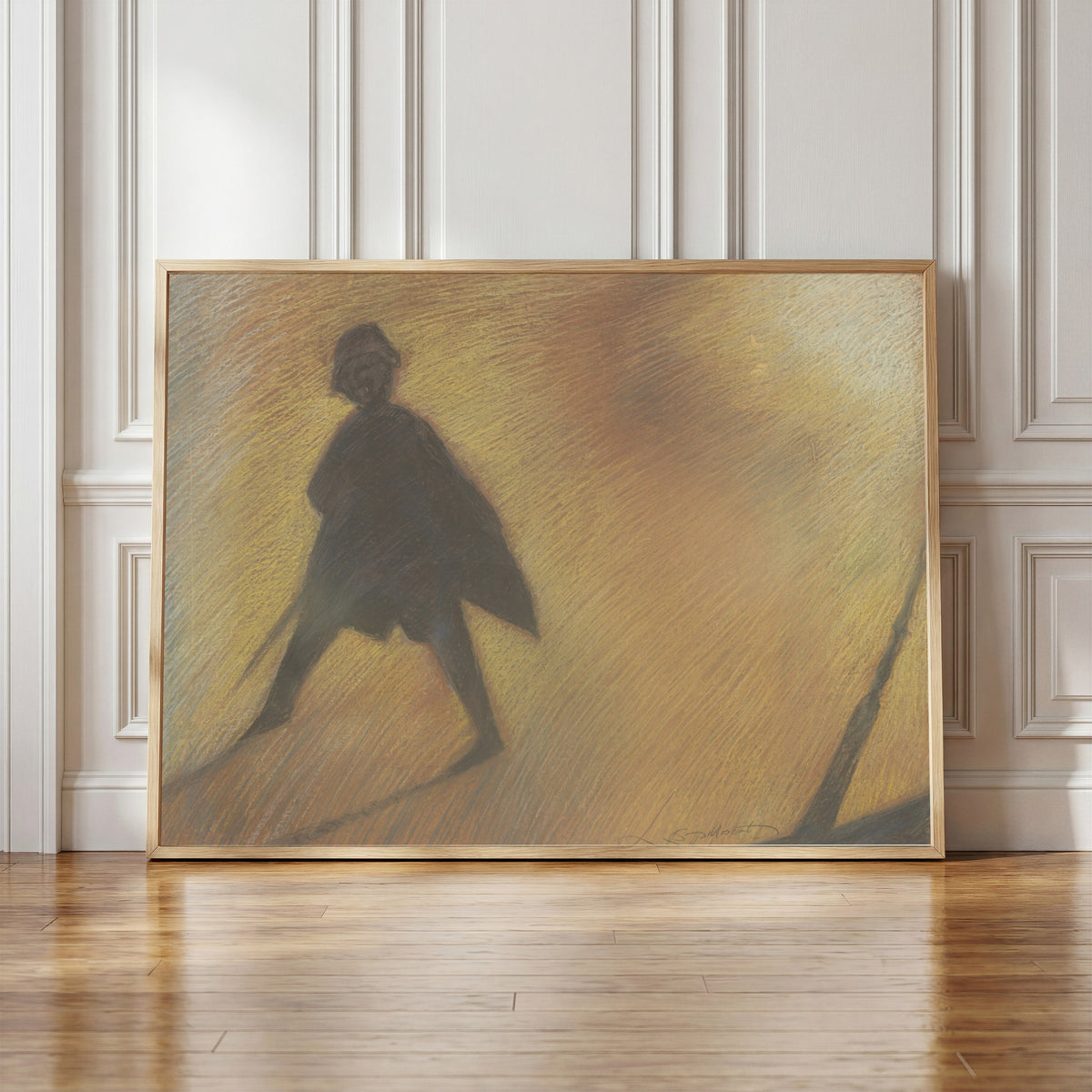 Framed art print of Het einde van een mooie dag – Figuur in tegenlicht by Léon Spilliaert, in a light wood frame leaning against a panelled white wall