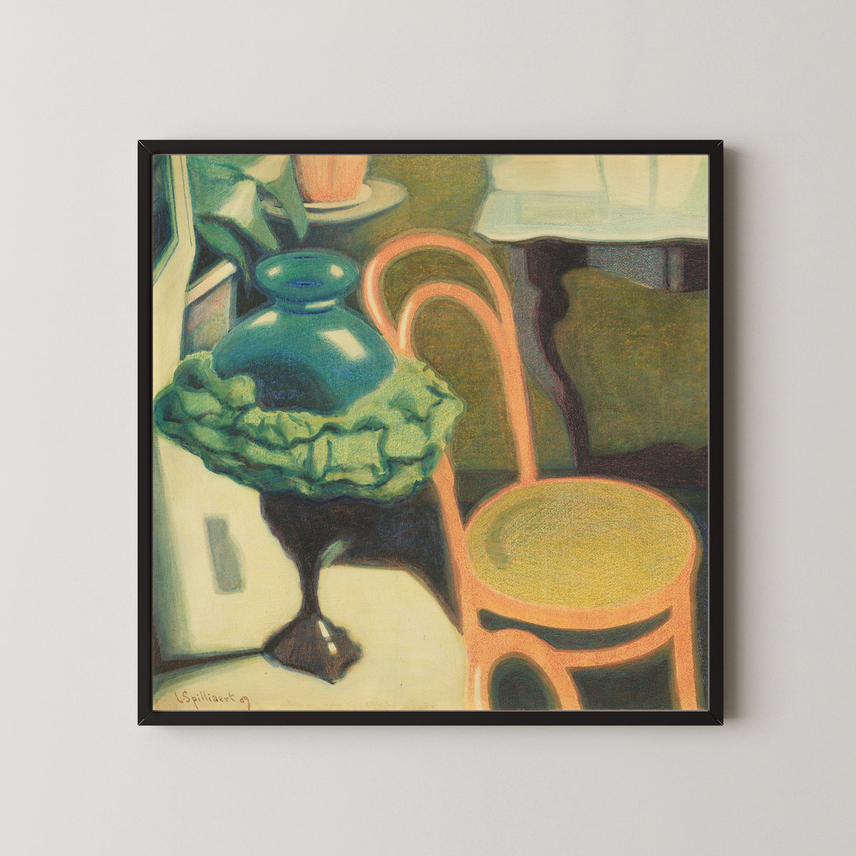 Framed art print of Interieur met stoel en opaallamp by Léon Spilliaert, in a black frame on a pale wall