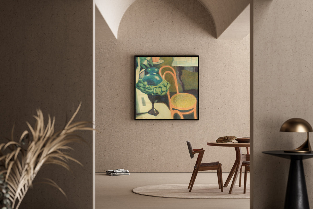 Framed art print of Interieur met stoel en opaallamp by Léon Spilliaert, in a sunlit dining corner
