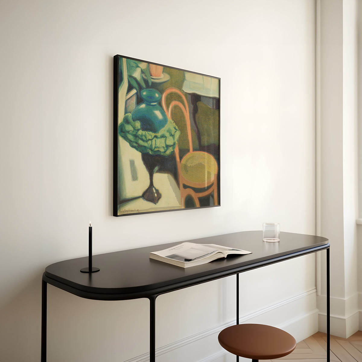 Framed art print of Interieur met stoel en opaallamp by Léon Spilliaert, above a slim black console table
