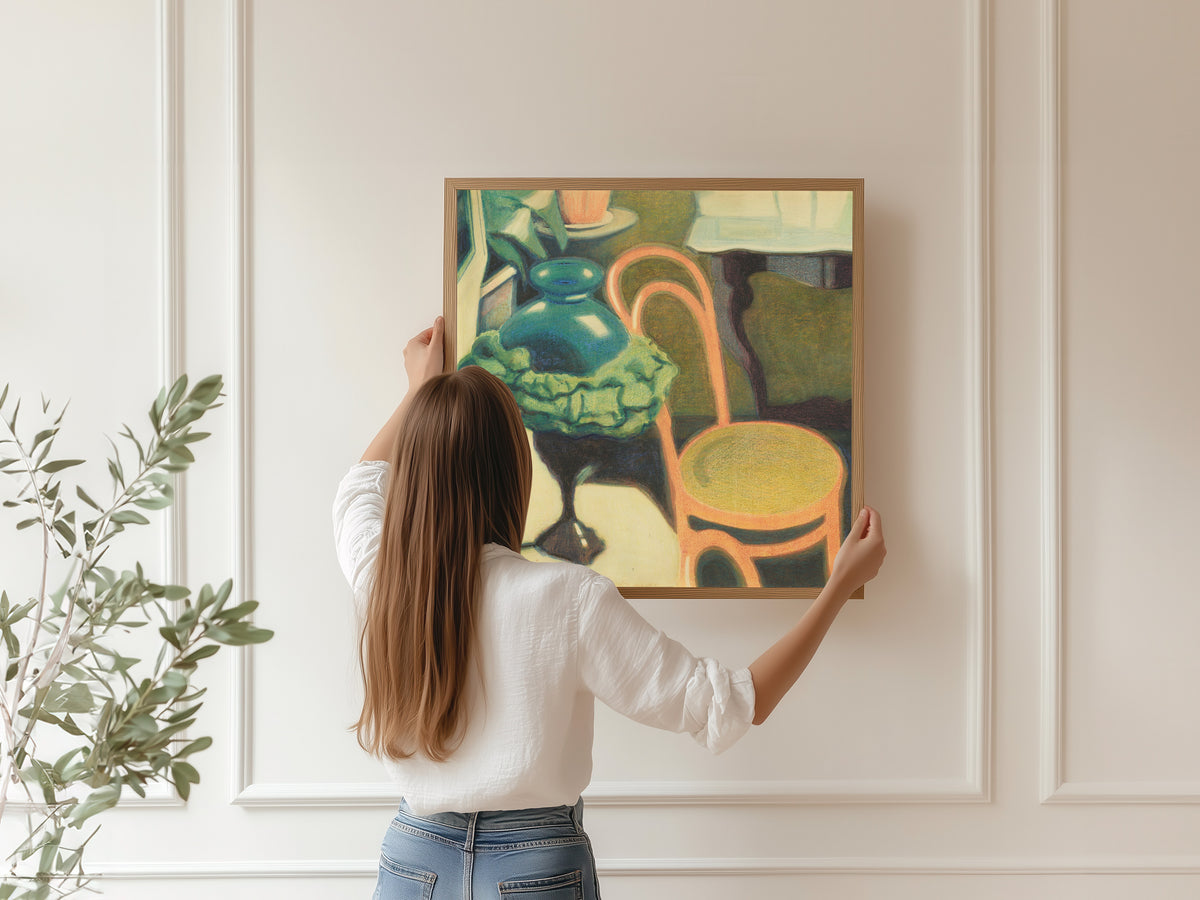 Framed art print of Interieur met stoel en opaallamp by Léon Spilliaert, hung on a panelled wall
