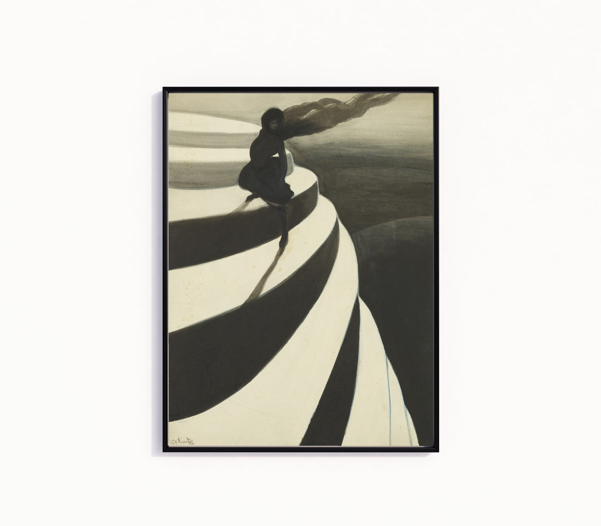 Framed art print of Vertigo by Léon Spilliaert, in a slim black frame on a plain white wall