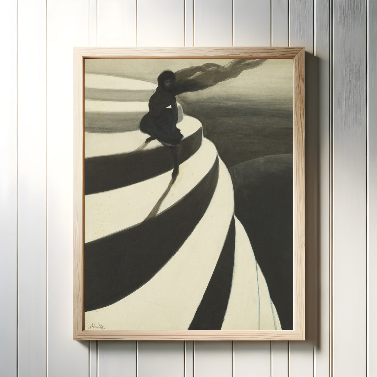 Framed art print of Vertigo by Léon Spilliaert, in a light wood frame on a white panelled wall