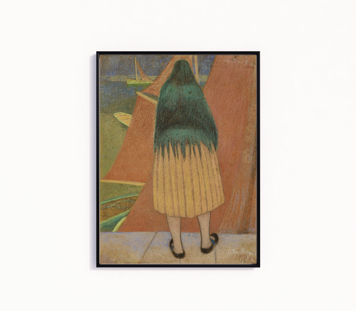 Framed art print of Vissersvrouw by Léon Spilliaert, in a slim black frame on a plain white wall