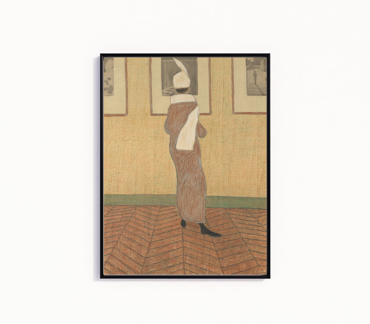 Framed art print of Woman at an Exhibition by Léon Spilliaert, in a slim black frame on a plain white wall