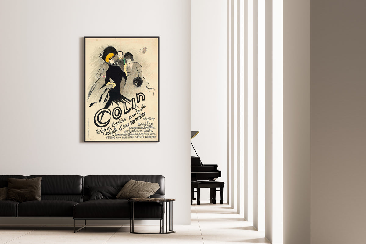 Colin, bijoux ciselés by Leonetto Cappiello — framed on the wall of a minimal living room