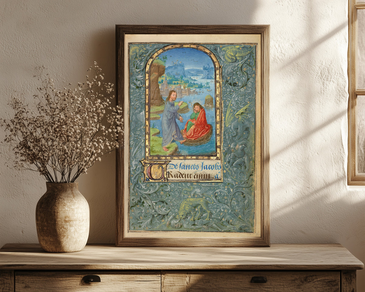Framed art print of Prayer Book of Charles the Bold: Christ… by Lieven van Lathem, in a dark wood frame leaning on a rustic console beside dried flowers