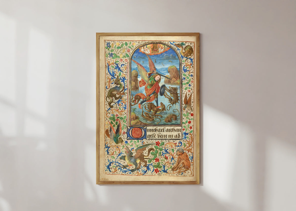Framed art print of Prayer Book of Charles the Bold: Saint Michael by Lieven van Lathem, in a light wood frame on a sunlit white wall