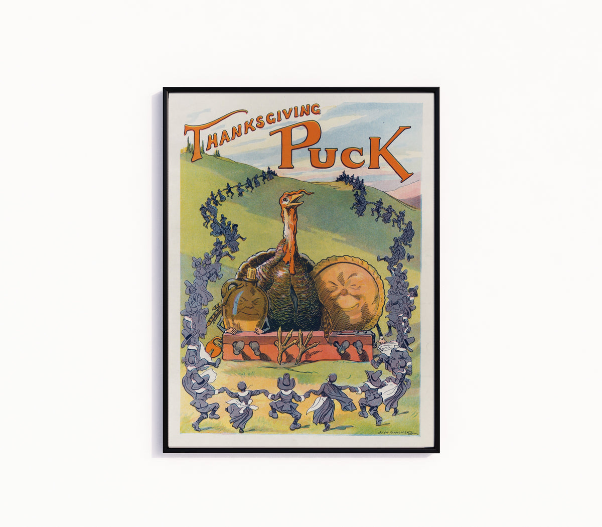 Framed art print of Thanksgiving Puck, 1913 by Louis Glackens, in a slim black frame on a plain white wall