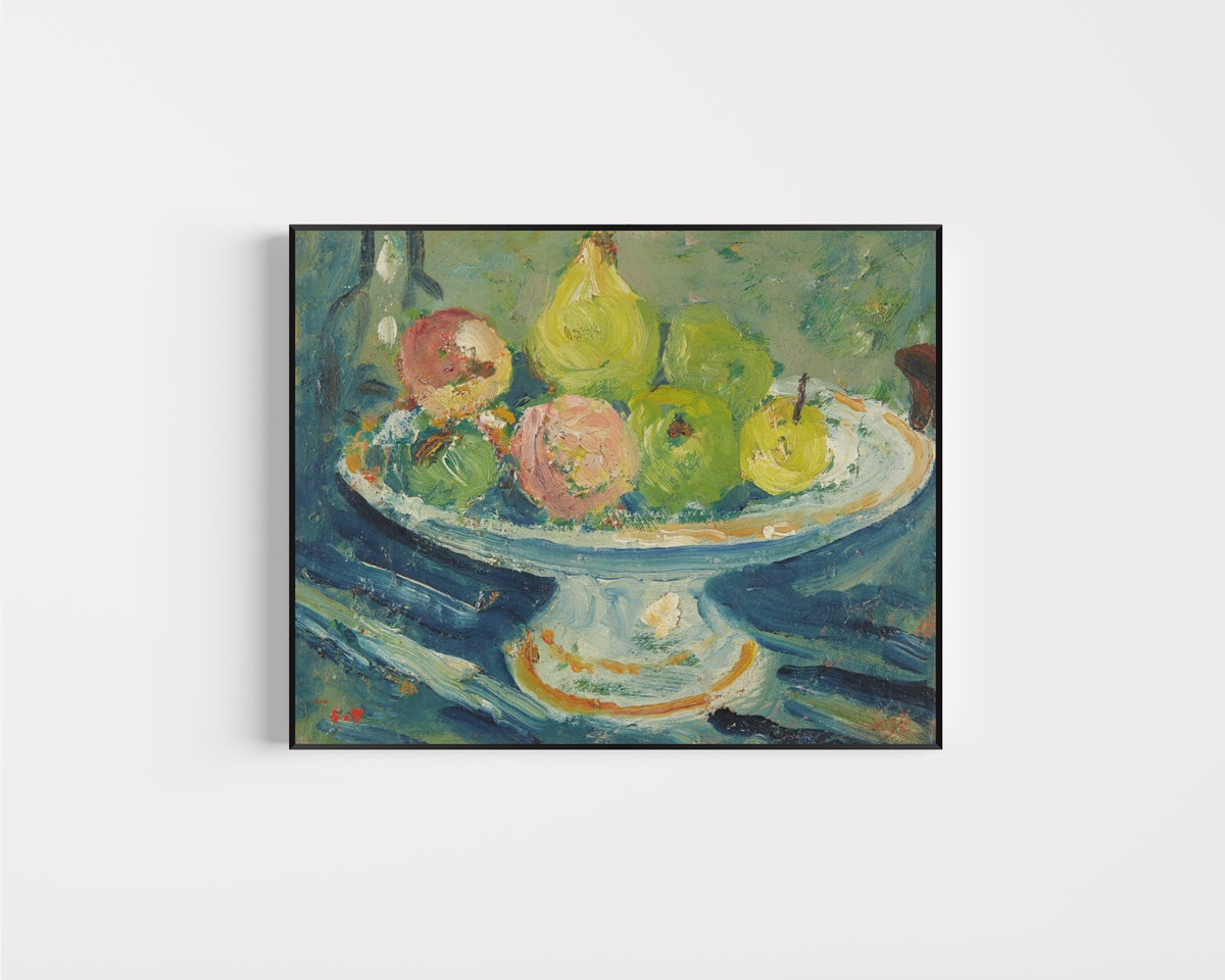Framed art print of Le Compotier by Louis Valtat, in a slim black frame on a plain white wall