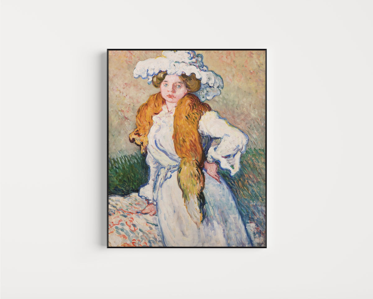 Framed art print of Suzanne Valtat au renard by Louis Valtat, in a slim black frame on a plain white wall