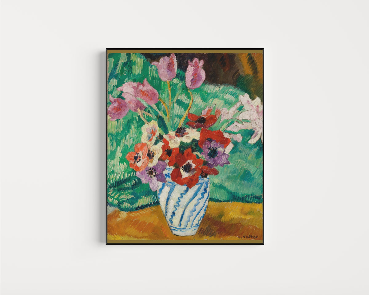 Framed art print of Tulips and Anemones by Louis Valtat, in a slim black frame on a plain white wall