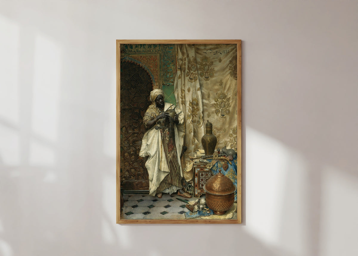 Framed art print of The Inspection by Ludwig Deutsch, in a light wood frame on a sunlit white wall