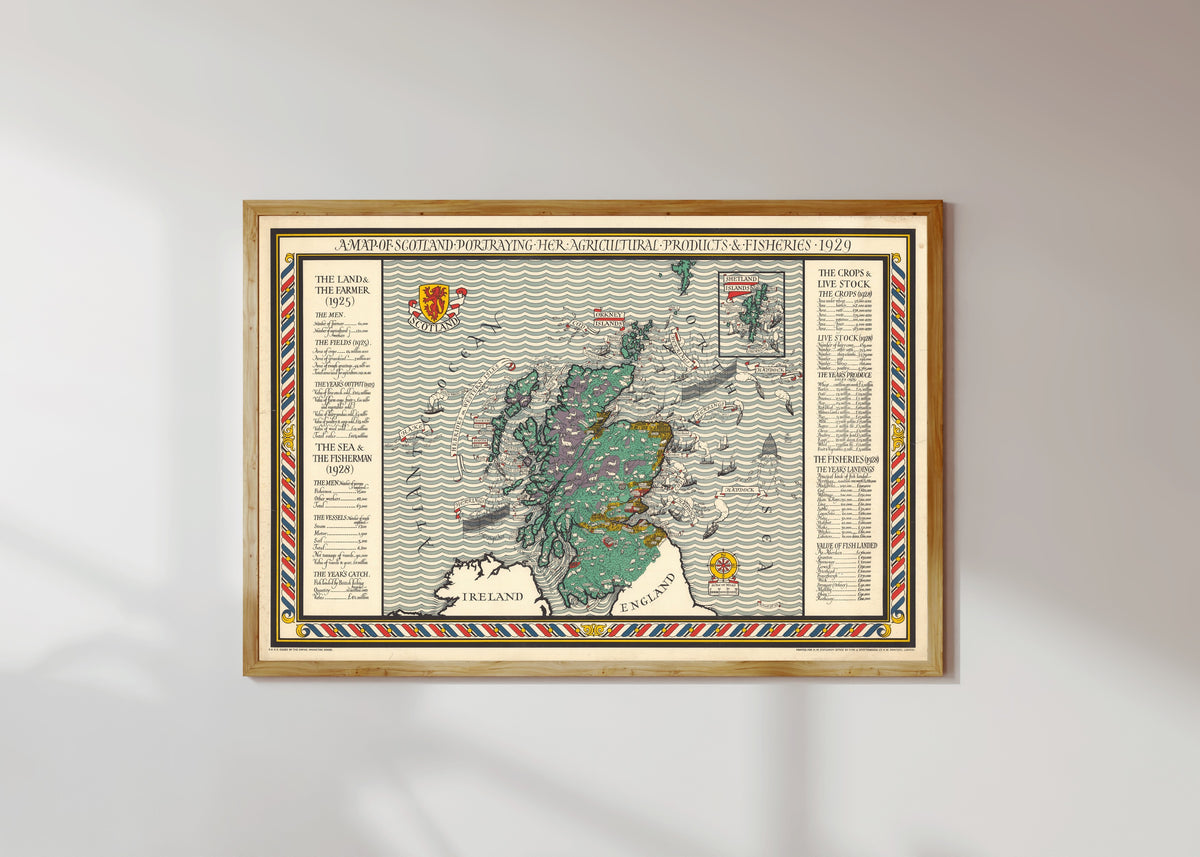 Framed art print of A Map of Scotland Portraying Her Agricultural Products and Fisheries by MacDonald Gill, in a light wood frame on a sunlit white wall