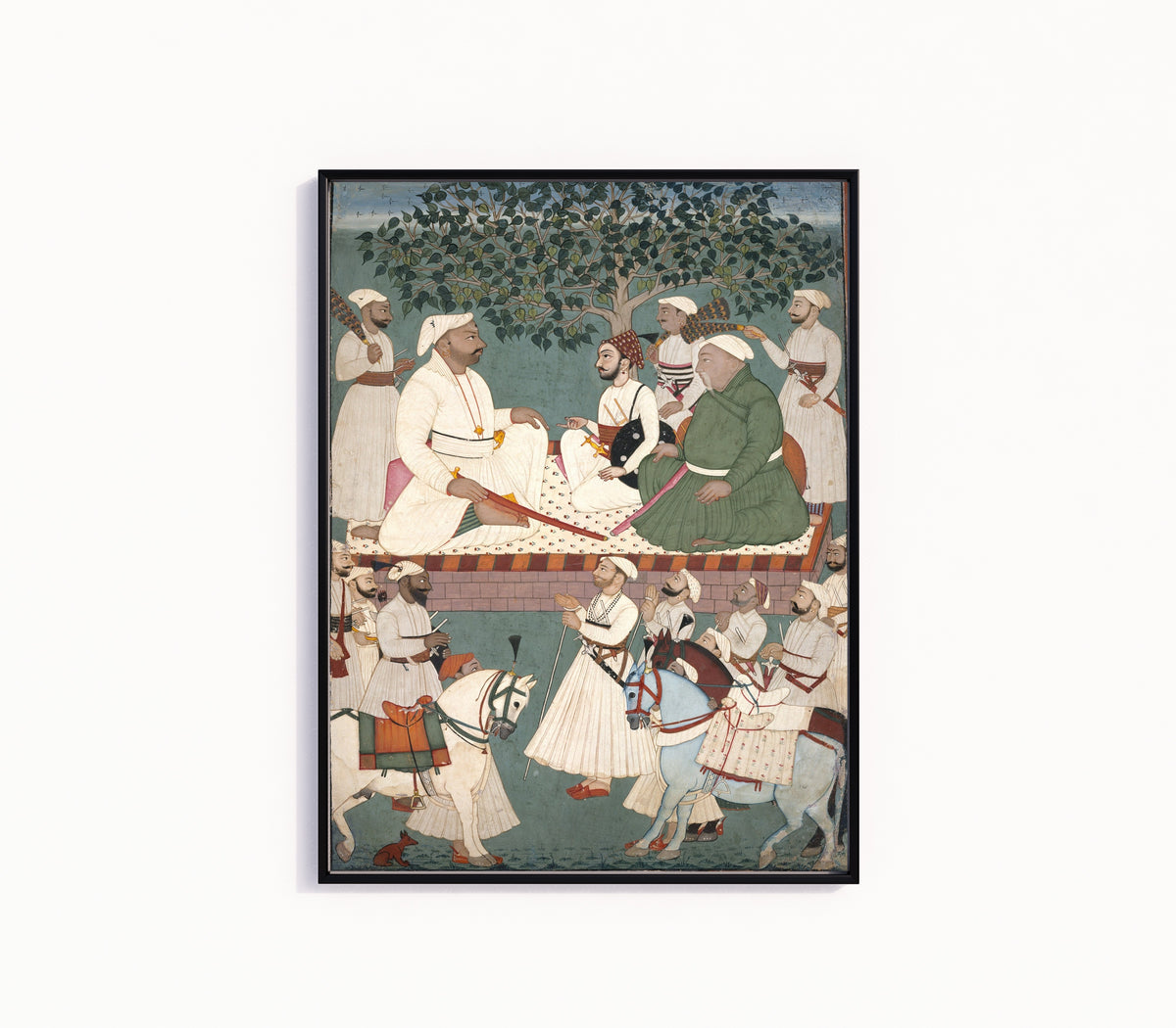Framed art print of Maharaja Sidh Sen Receiving an Embassy by Mandi school, in a slim black frame on a plain white wall