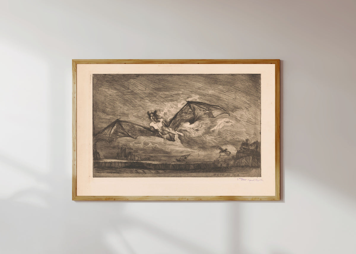 Framed art print of The Nightbeast by Marcel Roux, in a light wood frame on a sunlit white wall