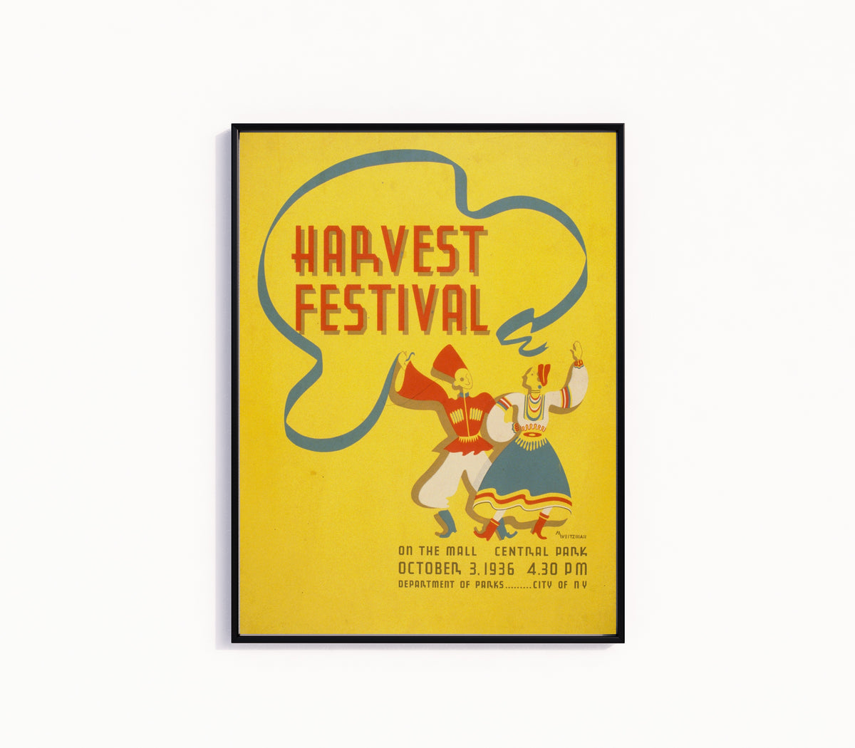Framed art print of Harvest Festival on the Mall, Central Park by Martin Weitzman, in a slim black frame on a plain white wall