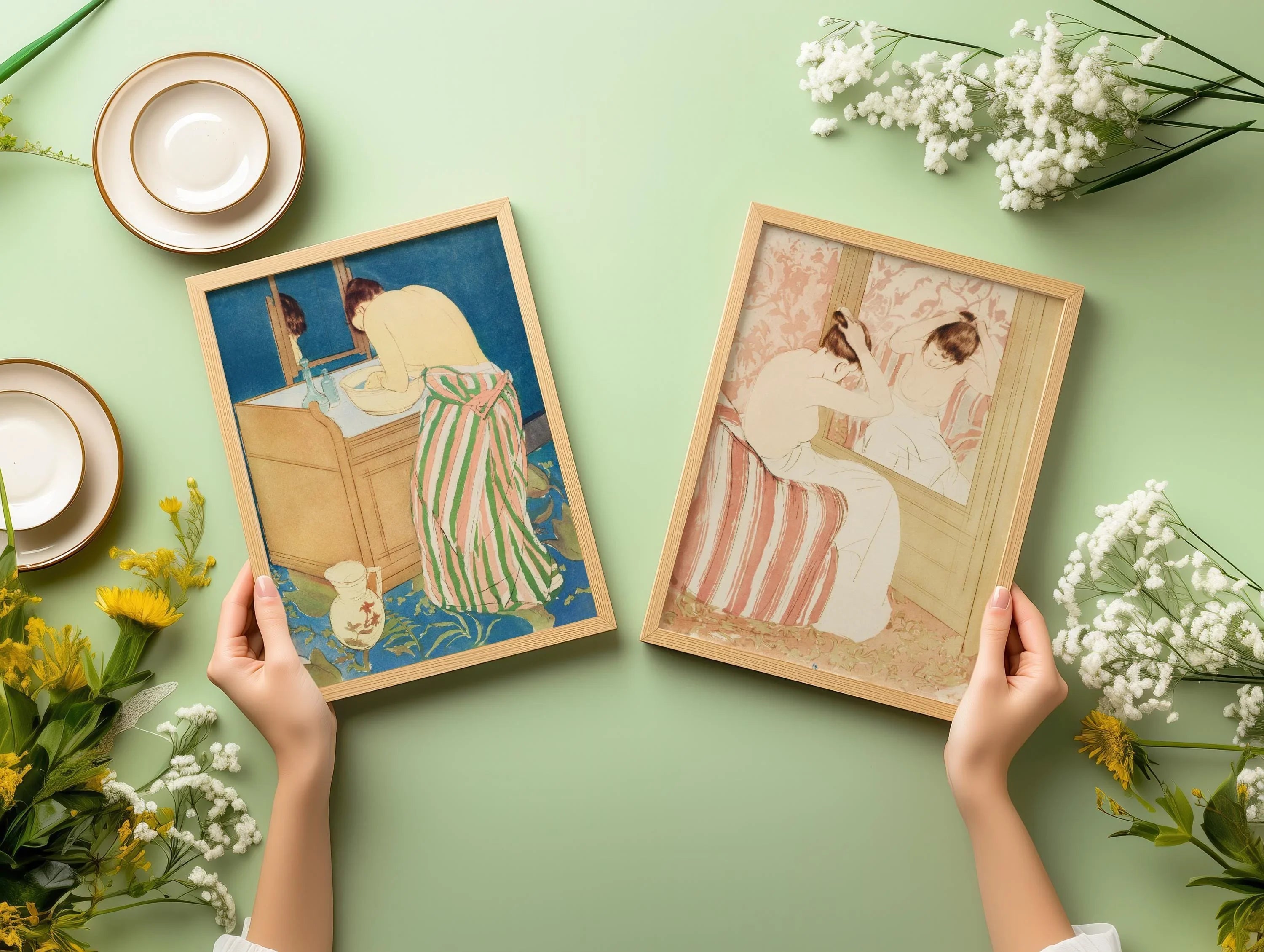 Mary Cassatt STATEMENT DUO - Woman Bathing and La Coiffure | | Famous Impressionist Art available framed - 9ArtPrints