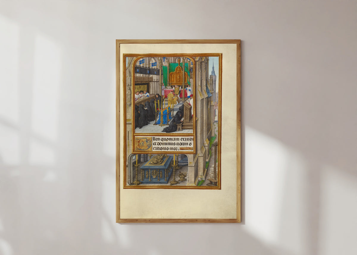 Framed art print of Spinola Hours: Office of the Dead by Master of James IV of Scotland, in a light wood frame on a sunlit white wall
