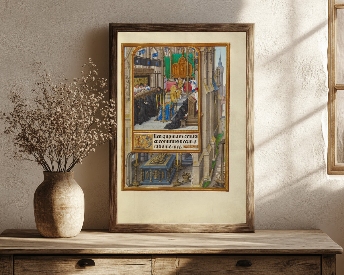 Framed art print of Spinola Hours: Office of the Dead by Master of James IV of Scotland, in a dark wood frame leaning on a rustic console beside dried flowers