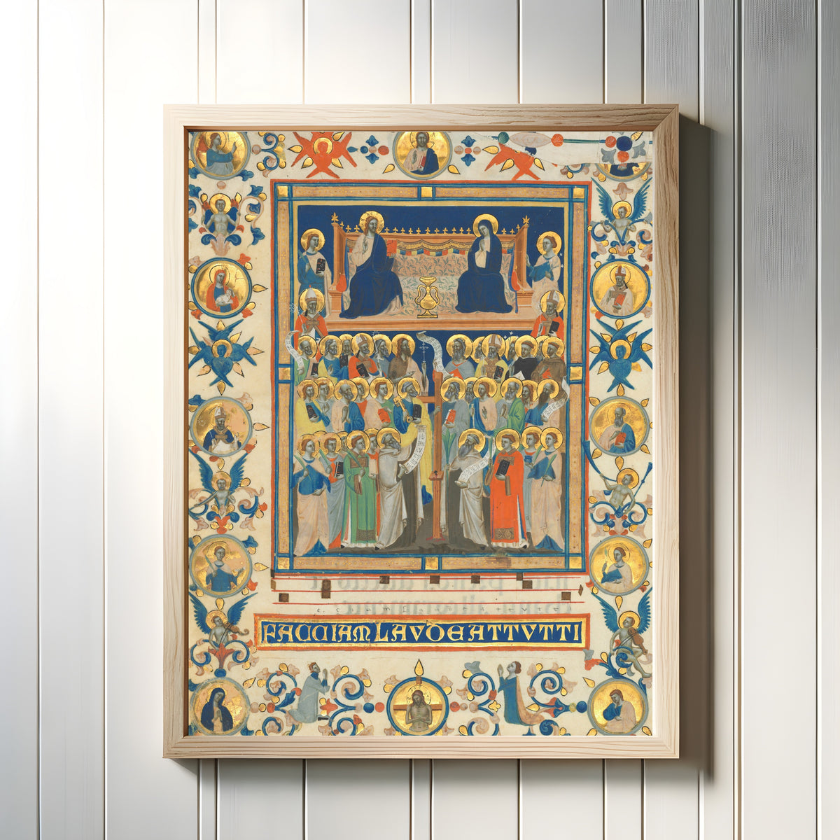 Framed art print of Christ and the Virgin Enthroned with Forty Saints by Master of the Dominican Effigies, in a light wood frame on a white panelled wall