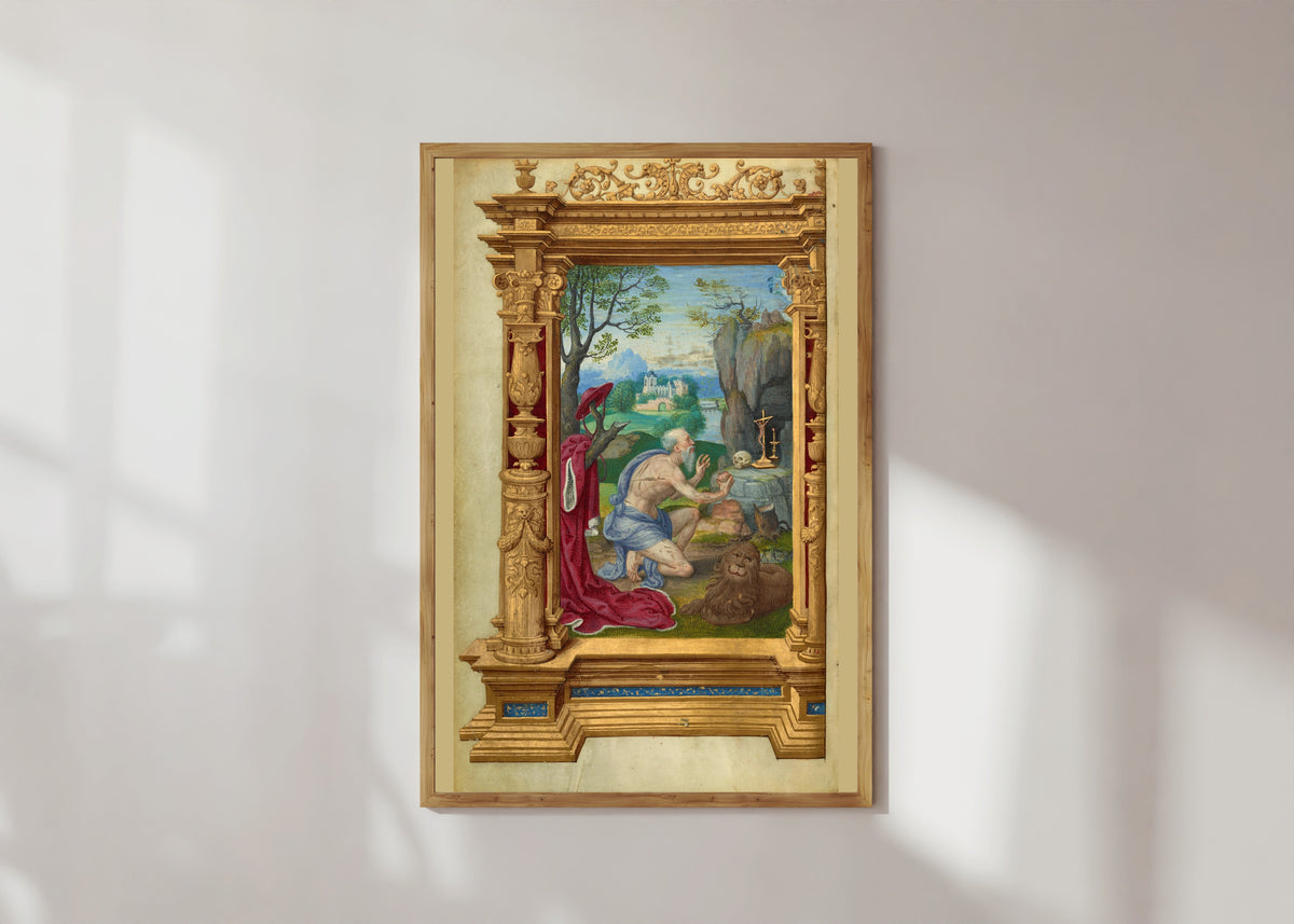 Framed art print of Saint Jerome by Master of the Getty Epistles, in a light wood frame on a sunlit white wall