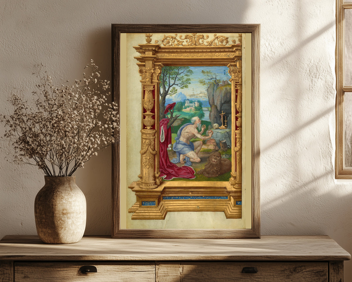 Framed art print of Saint Jerome by Master of the Getty Epistles, in a dark wood frame leaning on a rustic console beside dried flowers