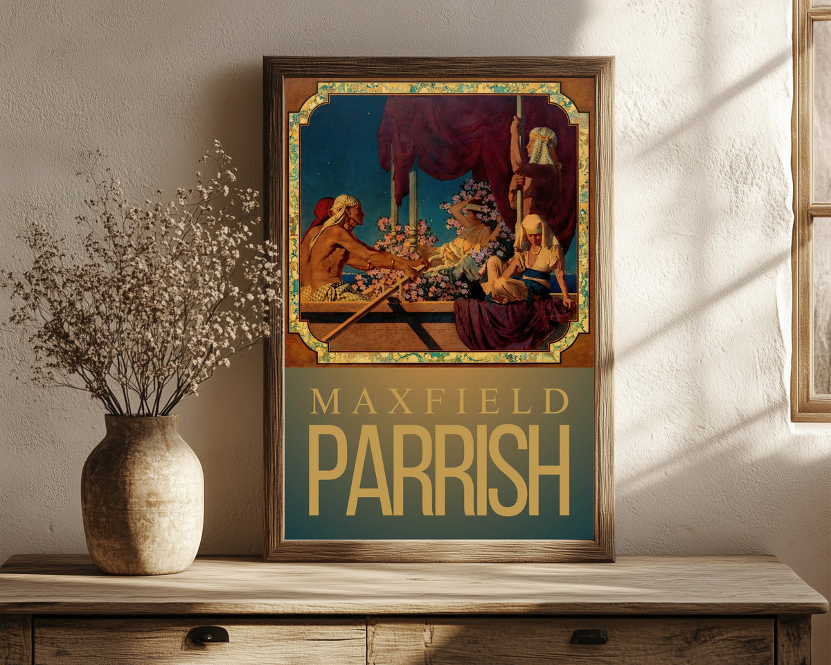 Framed art print of Cleopatra by Maxfield Parrish, in a dark wood frame leaning on a rustic console beside dried flowers