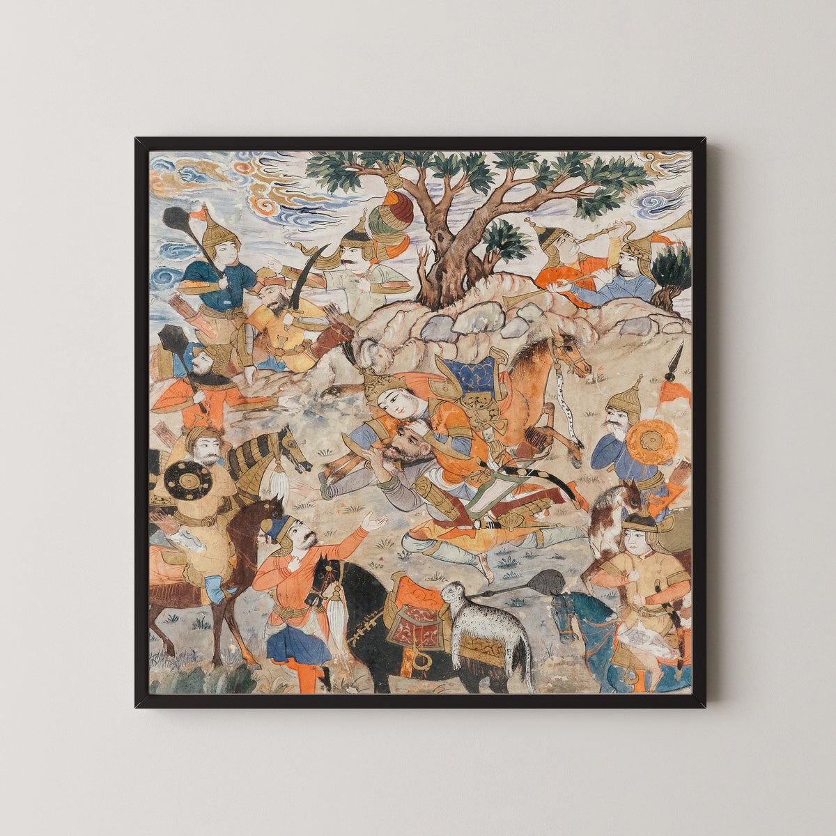 Isfandiyar Kills Bidarafsh by Shahnameh (Firdausi) — in a black frame on a pale wall