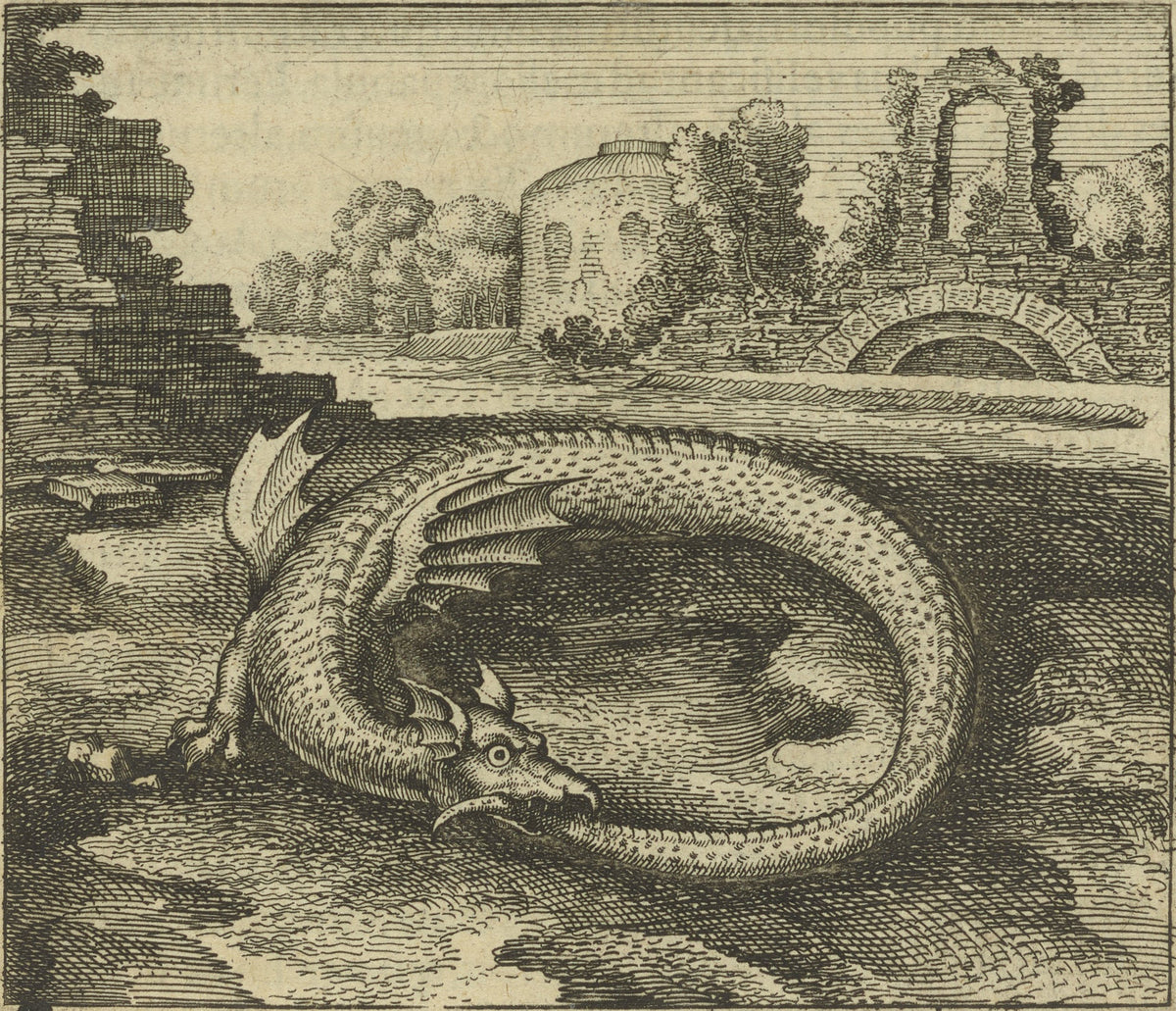 Michael Maier — Atalanta Fugiens, Emblem 14: This Is the Dragon That Devours Its Own Tail | Alchemical Engraving Print