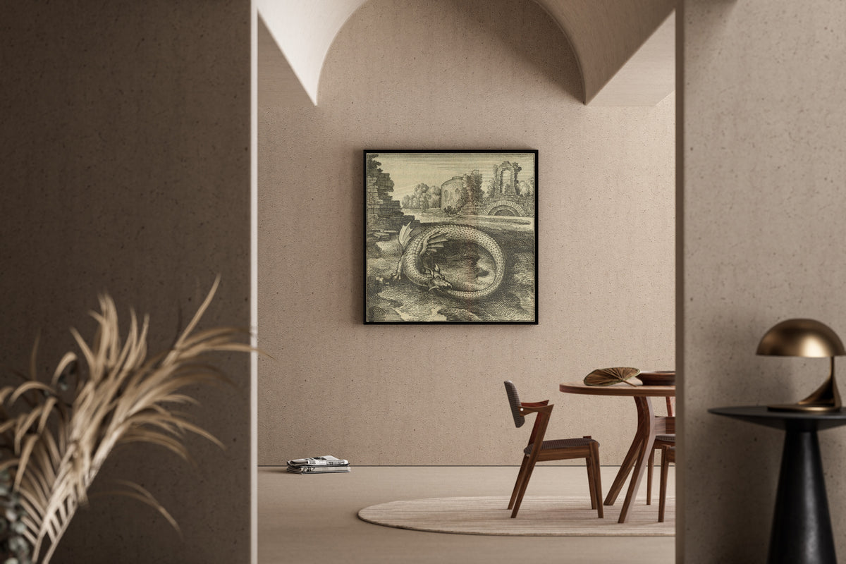 Framed art print of Atalanta Fugiens, Emblem 14: This Is the Dragon That Devours Its Own Tail by Michael Maier, in a sunlit dining corner