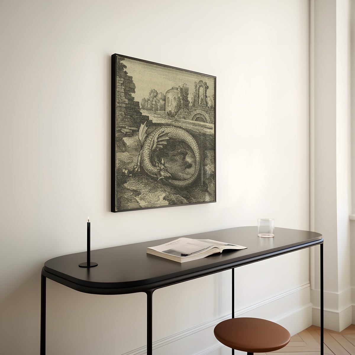 Framed art print of Atalanta Fugiens, Emblem 14: This Is the Dragon That Devours Its Own Tail by Michael Maier, above a slim black console table