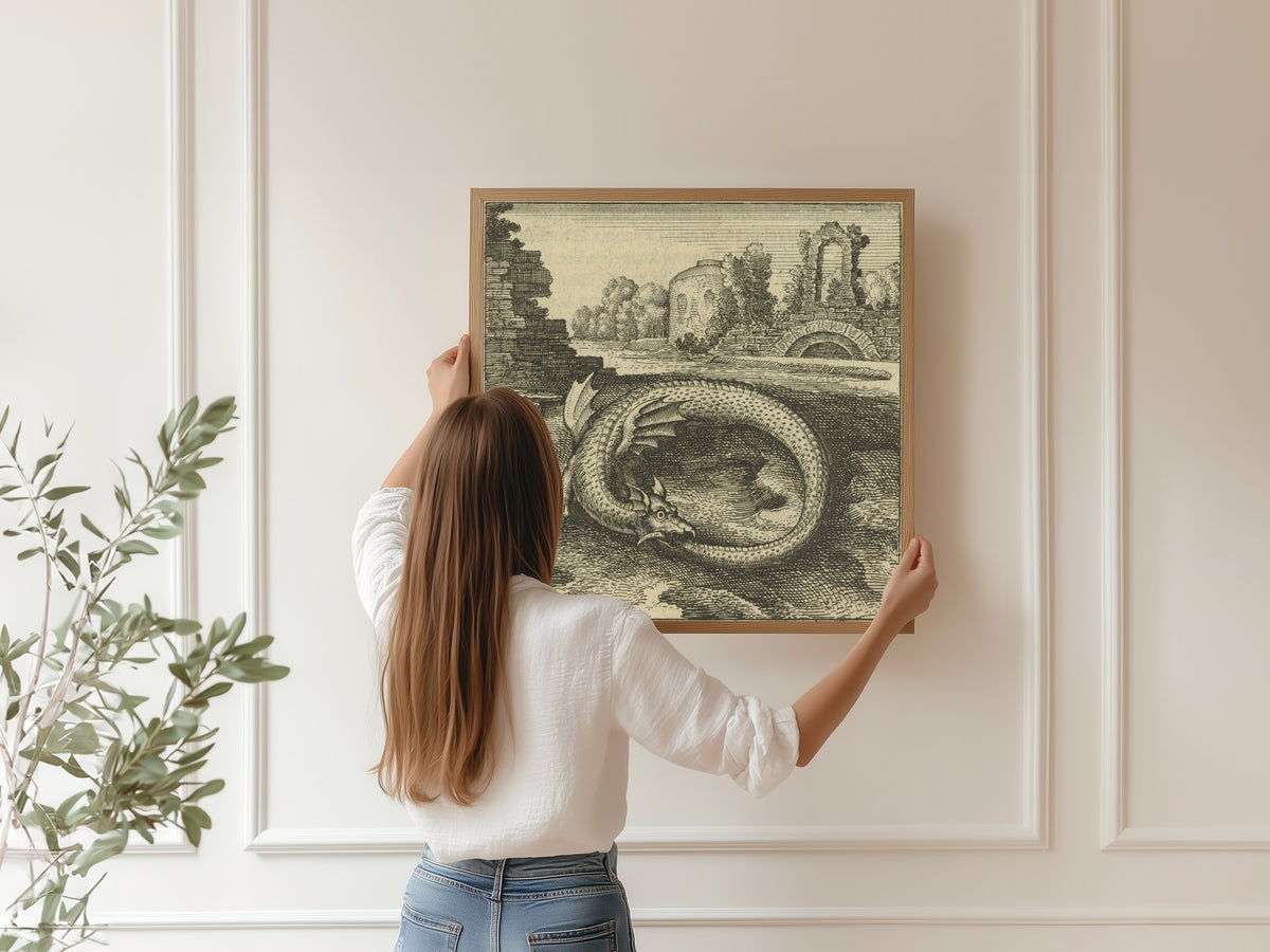 Framed art print of Atalanta Fugiens, Emblem 14: This Is the Dragon That Devours Its Own Tail by Michael Maier, hung on a panelled wall