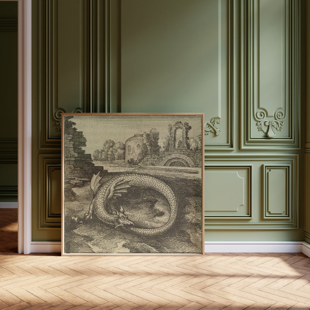 Framed art print of Atalanta Fugiens, Emblem 14: This Is the Dragon That… by Michael Maier, leaning against olive-green panelling on a herringbone floor