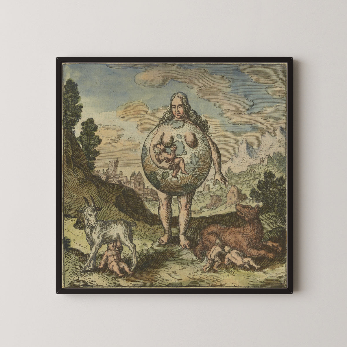 Framed art print of Atalanta Fugiens, Emblem 2: The Earth Is Its Nurse by Michael Maier, in a black frame on a pale wall