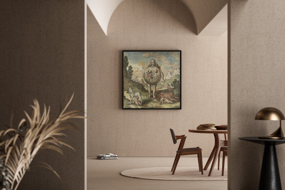Framed art print of Atalanta Fugiens, Emblem 2: The Earth Is Its Nurse by Michael Maier, in a sunlit dining corner
