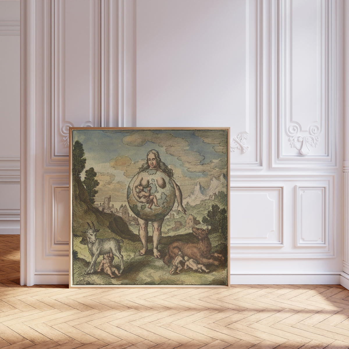 Framed art print of Atalanta Fugiens, Emblem 2: The Earth Is Its Nurse by Michael Maier, leaning against pale pink panelling on a herringbone floor