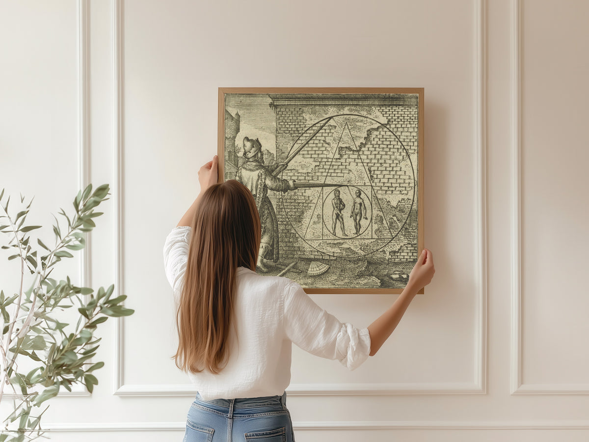 Framed art print of Atalanta Fugiens, Emblem 21: Make a Circle from Man and Woman by Michael Maier, hung on a panelled wall