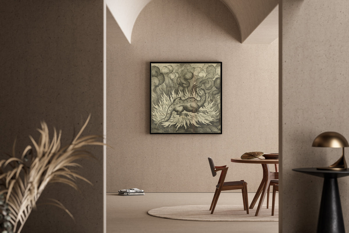 Framed art print of Atalanta Fugiens, Emblem 29: As the Salamander Lives in Fire, So Does the Stone by Michael Maier, in a sunlit dining corner