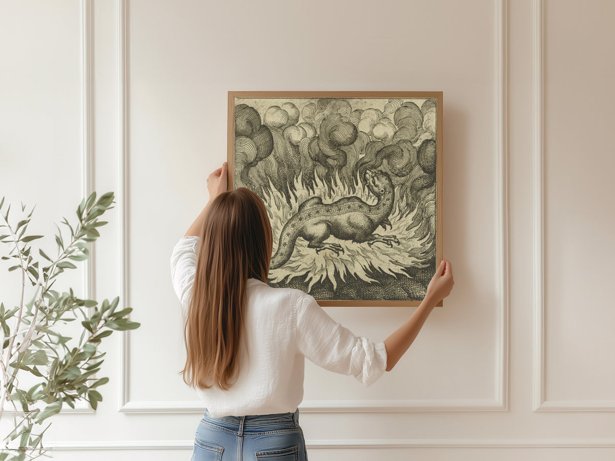Framed art print of Atalanta Fugiens, Emblem 29: As the Salamander Lives in Fire, So Does the Stone by Michael Maier, hung on a panelled wall
