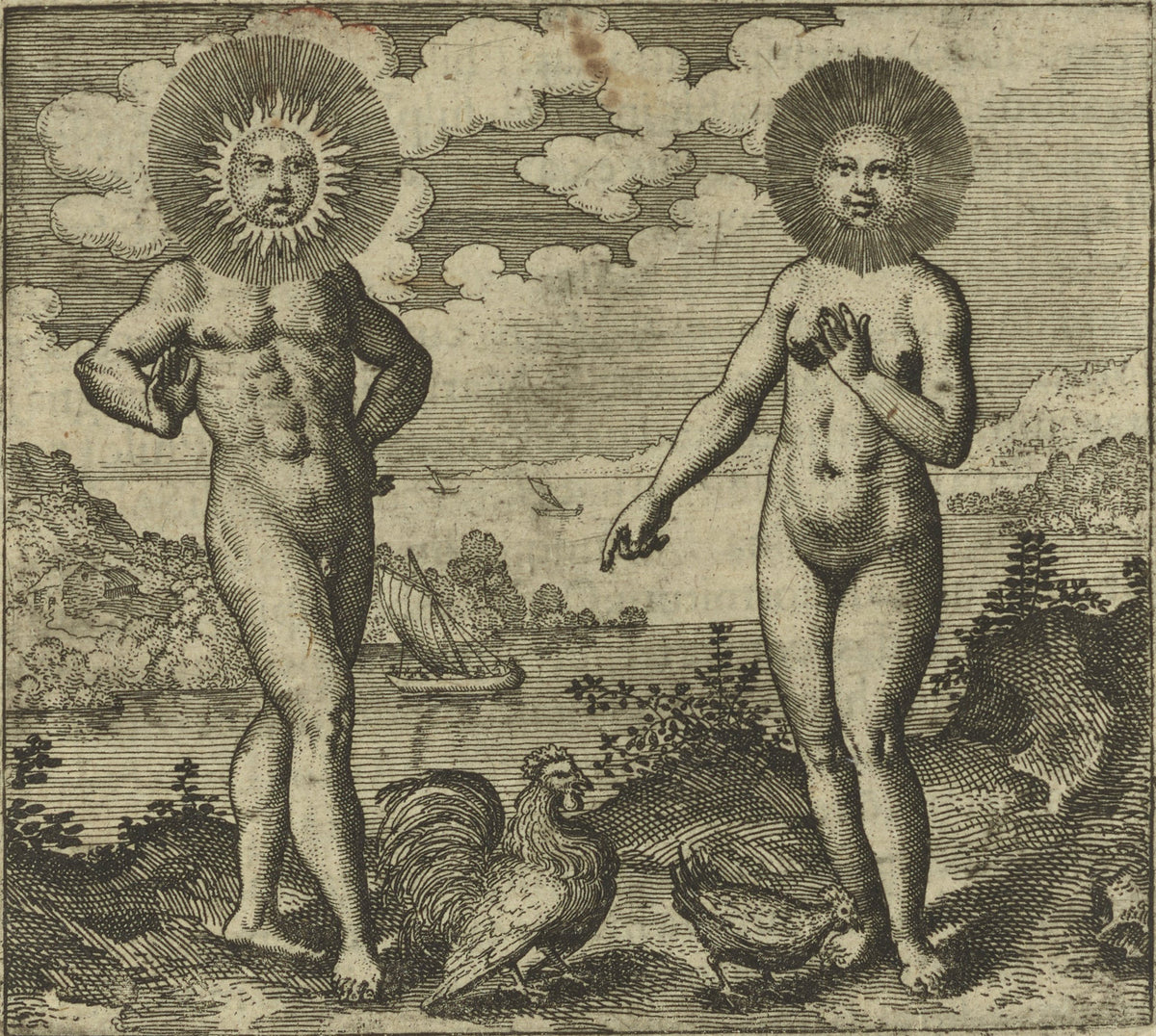 Michael Maier — Atalanta Fugiens, Emblem 30: The Sun Needs the Moon as the Cock Needs the Hen | Alchemical Engraving Print